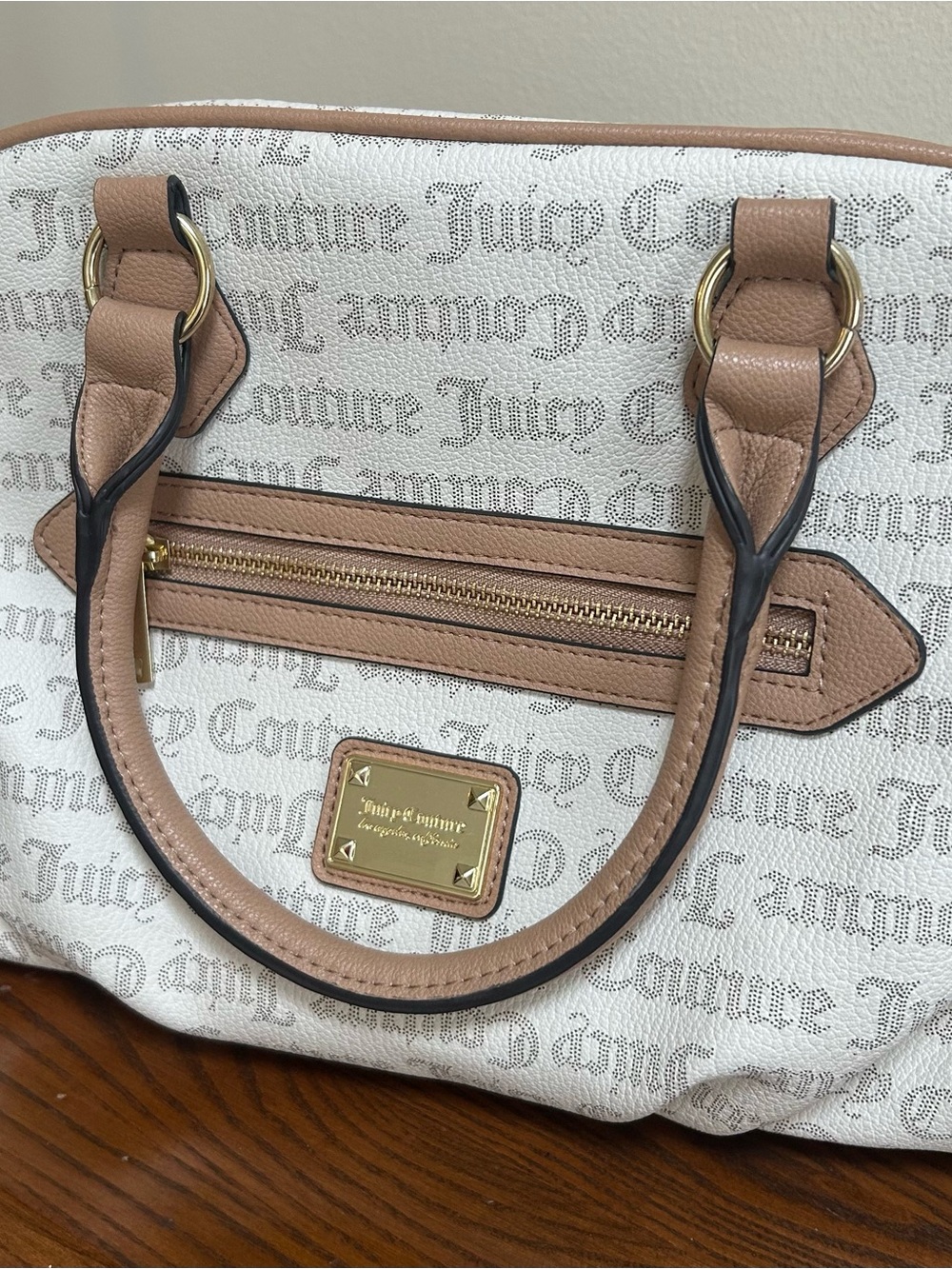 Juicy Couture Beige Logo Satchel with Gold Hardware and Adjustable Strap